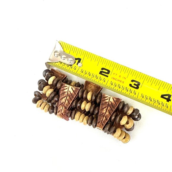 Tribal Style Stretch Bracelet Carved Wood Beads Natural Earth Tone Boho Chunky - Picture 7 of 7